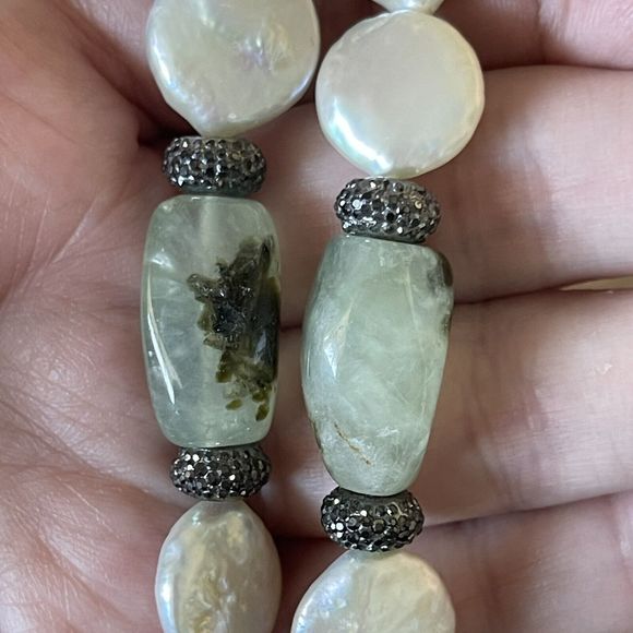 Natural Baroque Coin Pearl Moss Agate Lava Bead Necklace Sterling Silver Heart - Picture 3 of 8